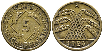 ГЕРМАНИЯ 5 РЕЙХСПФЕННИГОВ 1926 A KM 39, J. 316 алюминиевая бронза 39-561