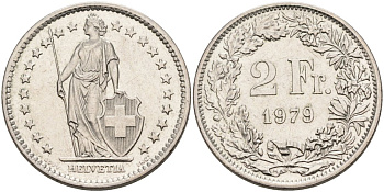 Швейцария 2 франка 1979 KM 21а медно-никель UNC 88-1123