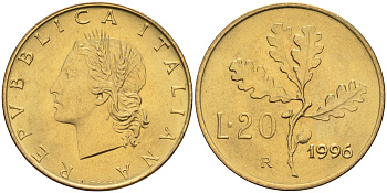 Италия 20 лир 1996 R, дубовый лист KM 97.2 алюминиевая бронза  UNC  4594-1052