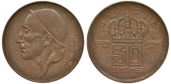 Бельгия 50 сантимов 1952 Belgie KM 145 бронза 4164-321