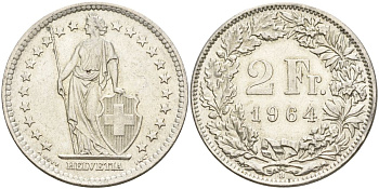 Швейцария 2 франка 1964 KM 21 серебро 4607-545