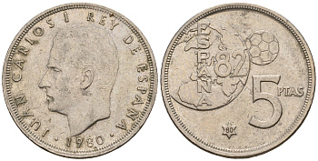 Испания 5 песет 1980 (80), Хуан Карлос , чемпионат мира по футболу, Испания 1982 KM 817 медно-никель 259-1121