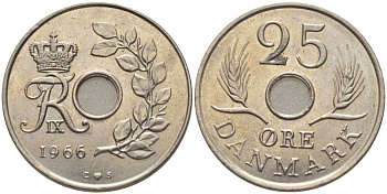 ДАНИЯ 25 ЭРЕ 1966 С;S, ФРЕДЕРИК IX (1947-1972) KM 855.1 медно-никель 202-732