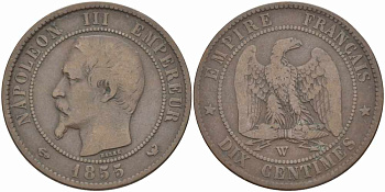 Франция 10 сантимов 1855 W, Наполеон III (1852-1870) KM 771.7, Le Franc 133.31 бронза    4680-526