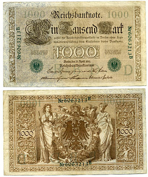 ГЕРМАНИЯ 1000 МАРОК 1910 ЗЕЛЕНАЯ ПЕЧАТЬ, 7 ЦИФР В НОМЕРЕ Pick 45b бумага 3295-120-3-2