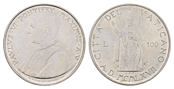 Ватикан 100 лир 1967 MCMLXVII, Павел VI (1963-1978) KM 98 нержавеющая сталь UNC 4671-1017
