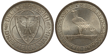 Германия 3 марки 1930 A, освобождение Рейнлянда J. 345, KM 70 серебро UNC 02-119-43