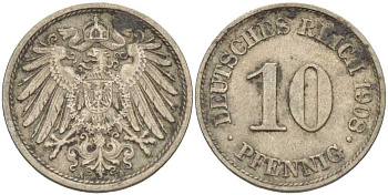 ГЕРМАНИЯ 10 ПФЕННИГОВ 1908 A KM 12, J. 13 медно-никель 31-616