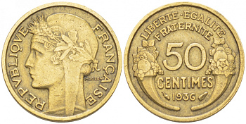 ФРАНЦИЯ 50 САНТИМОВ 1936 KM 894.1 алюминиевая бронза 3309-1033