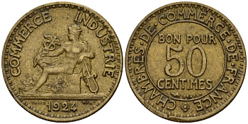 Франция 50 сантимов 1924 Тип CHAMBRES DE COMMERCE KM 884 алюминиевая бронза 4189-765