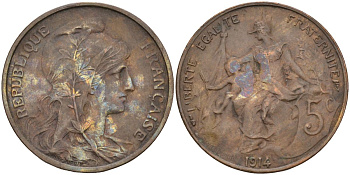 Франция 5 сантимов 1914 тип Даниэль Дюпюи KM 842, Le Franc 119.25 бронза 4126-631