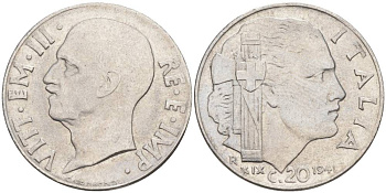 ИТАЛИЯ 20 ЧЕНТЕЗИМО 1941 R, ГОД XIX, ВИКТОР ЭММАНУИЛ III (1900-1946) KM 75b, VEM3. 1028 нержавеющая сталь 3853-735