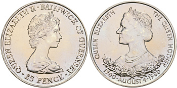 Гернси 25 пенсов 1980 80 лет Королеве Елизавете (королеве матери) KM 35 медно-никель UNC 4552-1231