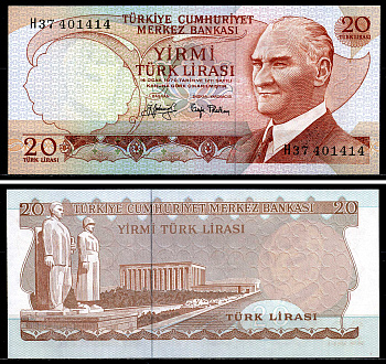 Турция 20 лир 1974 подпись чёрная Pick 187a(2) бумага UNC (пресс) 446-127-1
