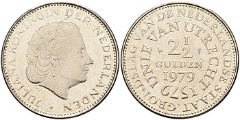 Нидерланды 2 1/2 гульдена 1979 400 лет Утрехтскому союзу, Юлиана (1949-1980) KM 197 никель 4587-1216