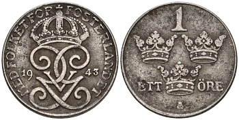 Швеция 1 эре 1943 Густав V (1907-1950) KM 810 железо 4608-349