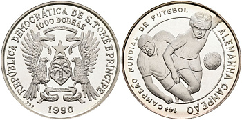 Сан-Томе и Принсипи 1000 добра 1990 чемпионат мира по футболу в Германии, два игрока KM 48 серебро PROOF 04-138-11