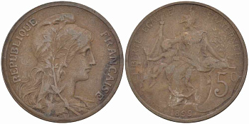 ФРАНЦИЯ 5 САНТИМОВ 1899 ТИП ДАНИЭЛЬ ДЮПЮИ KM 842, LE FRANC 119.7 бронза 108-817