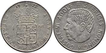 Швеция 1 крона 1973 Густав VI Адольф (1950-1973) KM 826а медь плакированная медно-никелем 4395-524