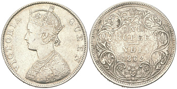 Британская Индия 1 рупия 1862 Виктория (1837-1901) KM 473 серебро 77-125