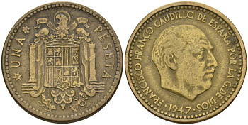 Испания 1 песета 1947 (52) Франсиско Франко (1939-1975) KM 775 алюминиевая бронза 3336-113