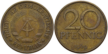 ГДР 20 пфеннигов 1969 A, первый год KM 11 латунь 92-737