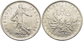 ФРАНЦИЯ 5 ФРАНКОВ 1972 СЕЯТЕЛЬ KM 926а.1, LE FRANC 341.4 медно-никель плакированный никелем 111-1141