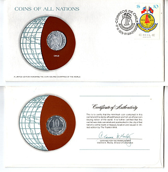 Чили 10 сентаво 1979 конверт с маркой первого дня гашения, Coins of Nations KM 205a алюминий UNC 4295-14-3