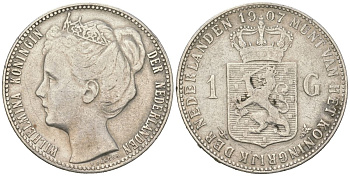 Нидерланды 1 гульден 1907 Вильгельмина (1890-1948) KM 122.2 серебро 63-425