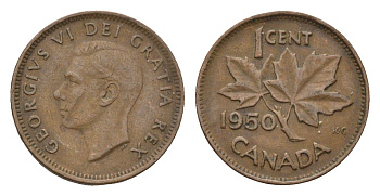 Канада 1 цент 1950 Георг VI (1937-1952), кленовый лист KM 41 бронза 4669-1156