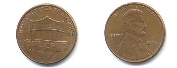 США 1 ЦЕНТ 2011 ЛИНКОЛЬН, ЩИТ KM 469 цинк плакированный медью 86-358