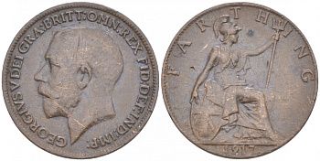 Великобритания 1 фартинг 1917 Георг V (1910-1936), темная отделка KM 808.1, Spink 4059 бронза 4549-163