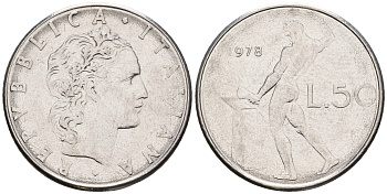 Италия 50 лир 1978 R, бог огня Вулкан у наковальни KM 95.1 нержавеющая сталь 259-136