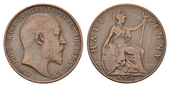 Великобритания 1/2 пенни 1908 Эдуард VII (1901-1910) KM 793.2, Spink 3991 бронза 28-1137