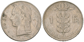 Бельгия 1 франк 1960 Belgique, Бодуэн I (1951-1993) KM 142 медно-никель 4618-124