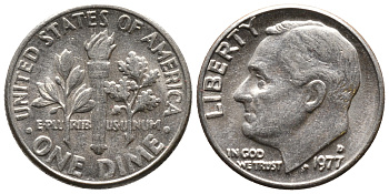 США 10 ЦЕНТОВ = 1 ДАЙМ 1977 D, РУЗВЕЛЬТ KM 195а медь плакированная медно-никелем 73-1538