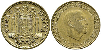 ИСПАНИЯ 1 ПЕСЕТА 1966 (68) ФРАНСИСКО ФРАНКО ДИКТАТОР ИСПАНИИ (1939-1975) КМ 796 алюминиевая бронза 4382-1231