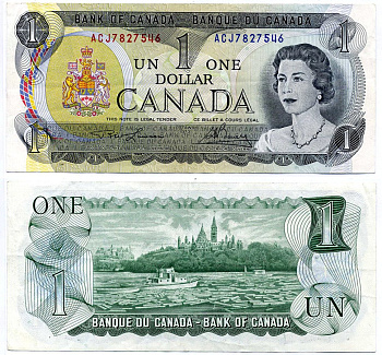 Канада 1 доллар 1973 Елизавета II (1952- ), здание парламента на реке Оттава, Lawson-Bouey, серии 3 буквы Pick 85 а (2) бумага 8603-38-3-1