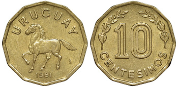 Уругвай 10 сентесимо 1981 KM 66 алюминиевая бронза 4169-526