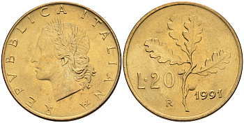 Италия 20 лир 1991 R, дубовый лист KM 97.2 алюминиевая бронза  UNC  4594-827