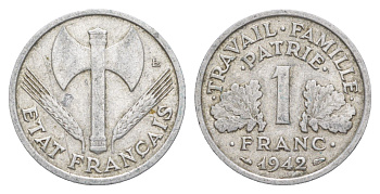 Франция 1 франк 1942 KM 902.1, Le Franc 222.2 алюминий 4641-1016