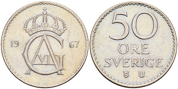 Швеция 50 эре 1967 U Густав VI Адольф (1950-1973) KM 837 медно-никель 4126-1253