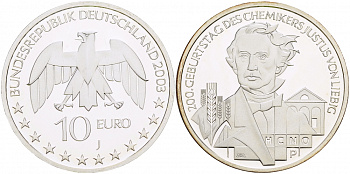 ФРГ 10 евро 2003 J, 200 лет со дня рождения Юстуса фон Либиха KM 222, DE.S. 10.7 серебро PROOF 1082-9-54