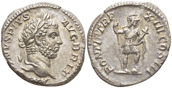 Римская Империя денарий 210 Каракалла, ANTONINVS PIVS AVG BRIT, бюст императора / PONTIF TRP XIII COS III, Виртус, персонификация Доблести, Рим, 3,43 гр RIC 117b серебро 1073-18-85