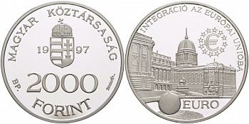 Венгрия 2000 форинтов 1997 интеграция в европейский союз, королевский дворец в Будапеште KM 724 серебро PROOF 1068-4-11