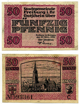 Фрайбург 50 пфеннигов 1920 30 марта 1920, нотгельд, земля Баден, Буква С Grabowski F21.4c бумага 2193-19-2-2
