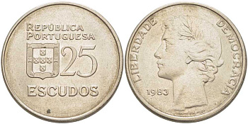ПОРТУГАЛИЯ 25 ЭСКУДО 1983 KM 607а медно-никель 113-732