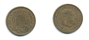 ИСПАНИЯ 1 ПЕСЕТА 1953 ФРАНСИСКО ФРАНКО ДИКТАТОР ИСПАНИИ (1939-1975) KM 775 алюминиевая бронза 54-246