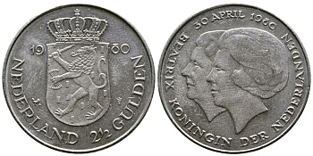 Нидерланды 2 1/2 гульдена 1980 коронация Беатрикс, 30 апреля 1980 KM 201 никель 4542-535