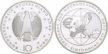 ФРГ 10 евро 2002 F, введение европейской валюты KM 215, DE.S. 10.1 серебро PROOF 1082-1-52